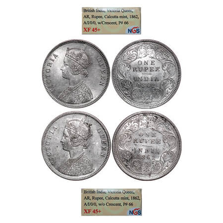Victoria Queen, Silver, Rupee, (2 slabs), 1862, Calcutta Mint, A/I, 1) With initial 'J', 2