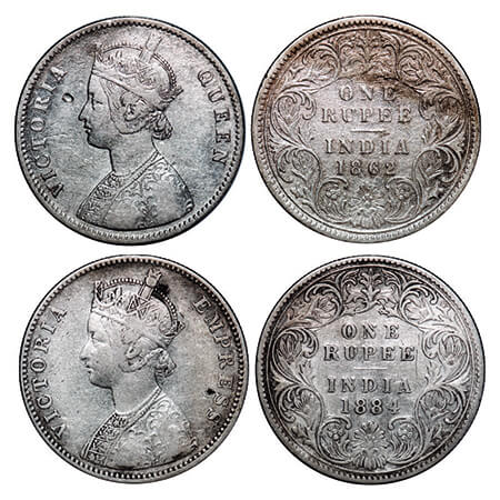 Victoria Queen & Empress, Silver, Rupee, (2 coins), 1) 1862, Calcutta Mint, A/I, w/o initi