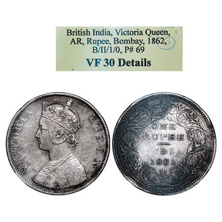 Victoria Queen, Silver, Rupee, 1862, Bombay Mint, B/II/1/0. GK 286. NGS Slabbed VF 30 Deta