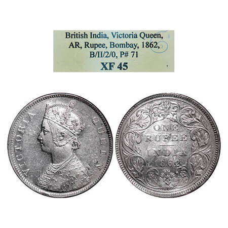 Victoria Queen, Silver, Rupee, 1862, Bombay Mint, B/II/2/0. GK 287. NGS Slabbed XF 45. Sca