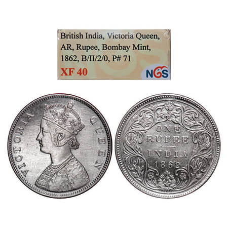 Victoria Queen, Silver, Rupee, 1862, Bombay Mint, B/II/2/0. GK 287. NGS Slabbed XF 40. Sca