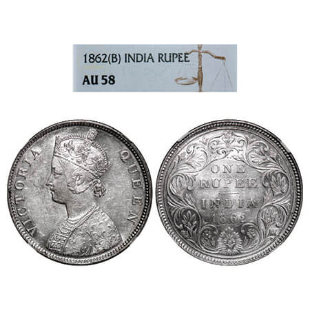 Victoria Queen, Silver, Rupee, 1862, Bombay Mint, B/II/2/0. GK 287. NGC Slabbed AU 58. Ver