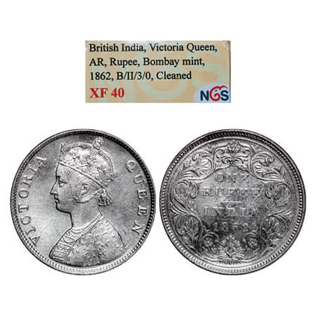 Victoria Queen, Silver, Rupee, 1862, Bombay Mint, B/II/3/0. GK 293. NGS Slabbed XF 40. Ver