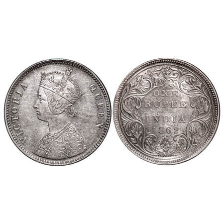 Victoria Queen, Silver, Rupee, 1862, Bombay Mint, A/II/0/4, w/o initial 'J', All 4 dots ab