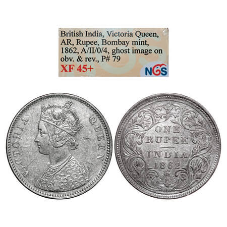 Victoria Queen, Silver, Rupee, 1862, Bombay Mint, A/II/0/4, w/o initial 'J', Ghost image o