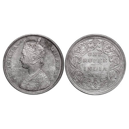 Victoria Queen, Silver, Rupee, 1862, Bombay Mint, B/II/0/4, Top flower on Rev is double st