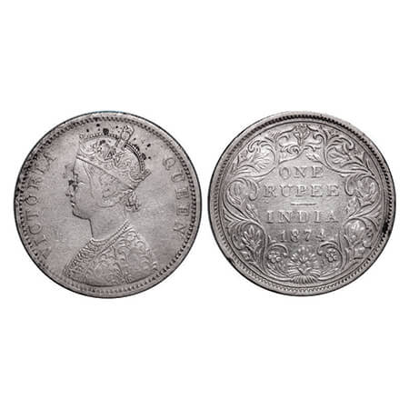 Victoria Queen, Silver, Rupee, 1874, Bombay Mint, A2/II, No dot, Normal numeral 4. GK 410.
