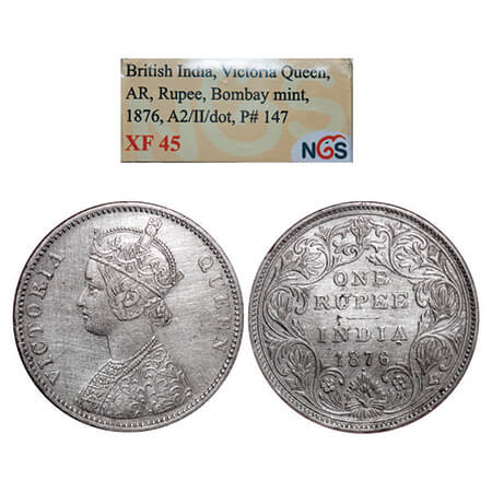 Victoria Queen, Silver, Rupee, 1876, Bombay Mint, A2/II, Dot. GK 430. NGS Slabbed XF 45. S