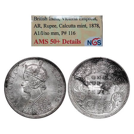 Victoria Empress, Silver, Rupee, 1878, Calcutta Mint, A1/I, No mint mark. GK 455. NGS Slab