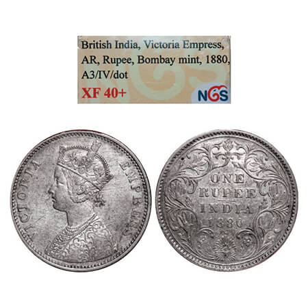 Victoria Empress, Silver, Rupee, 1880, Bombay Mint, A3/2(iv), Dot. GK 467. NGS Slabbed XF 