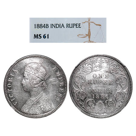 Victoria Empress, Silver, Rupee, 1884, Bombay Mint, A3/I, 'B' raised. GK 489. NGC Slabbed 