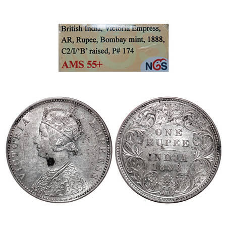 Victoria Empress, Silver, Rupee, 1888, Bombay Mint, C2/I, 'B' incused. GK 555. NGS Slabbed