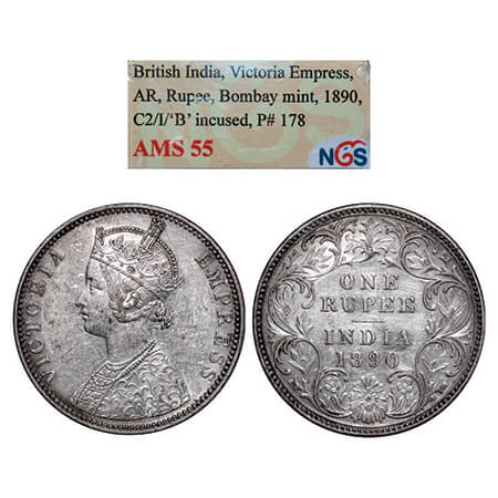 Victoria Empress, Silver, Rupee, 1890, Bombay Mint, C2/I, 'B' incused. GK 566. NGS Slabbed