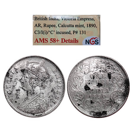 Victoria Empress, Silver, Rupee, 1890,Calcutta Mint, C3/I(i), 'C" incused. GK 567. NGS Sla