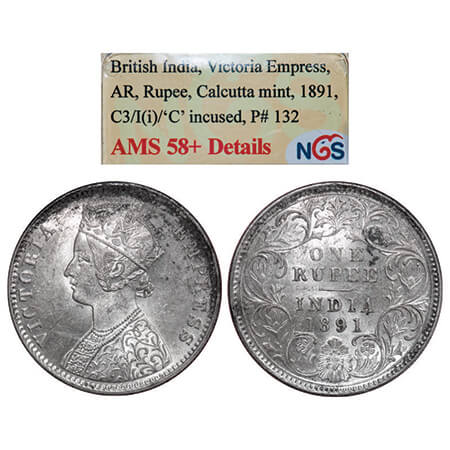 Victoria Empress, Silver, Rupee, 1891, Calcutta Mint, C3/I(i),'C' incused. GK 570. NGS Sla