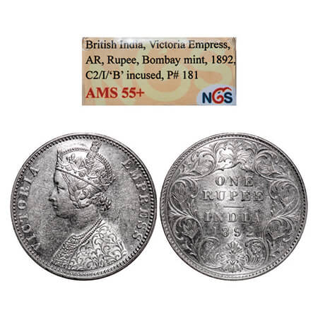 Victoria Empress, Silver, Rupee, 1892, Bombay Mint, C2/I, 'B' incused. GK 572. NGS Slabbed