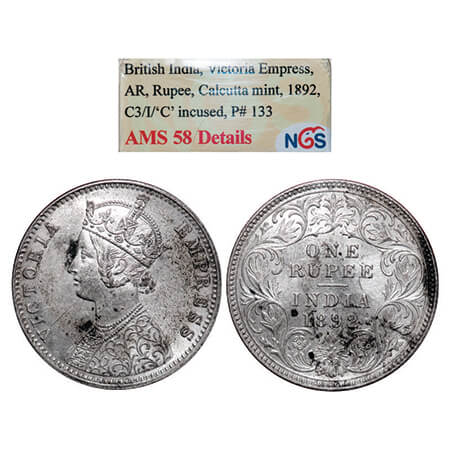 Victoria Empress, Silver, Rupee, 1892, Calcutta Mint, C3/I, 'C' incused. GK 576. NGS Slabb
