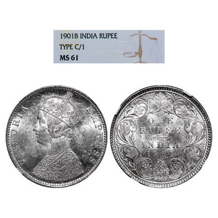 Victoria Empress, Silver, Rupee, 1901, Bombay Mint, C2(ii)/I, 'B' incused. GK 596. NGC Sla