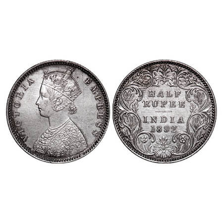 Victoria Empress, Silver, Half Rupee, 1892, Bombay Mint, A/I, 'B' incused. GK 646. Extreme