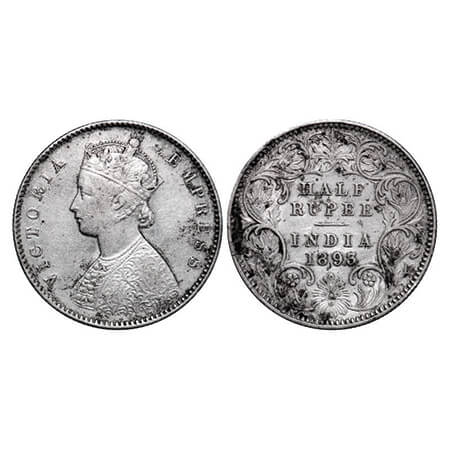 Victoria Empress, Silver, Half Rupee, 1893, Calcutta Mint, A/I, 'C' incused. GK 649. Very 