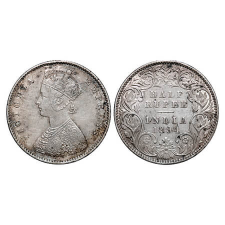 Victoria Empress, Silver, Half Rupee, 1894, Bombay Mint, A/I, 'B' incused. GK 650. Very Fi