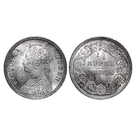 Victoria Queen, Silver, 1/4 Rupee, 1862, Calcutta Mint, A/I. GK 375. Uncirculated. Scarce.
