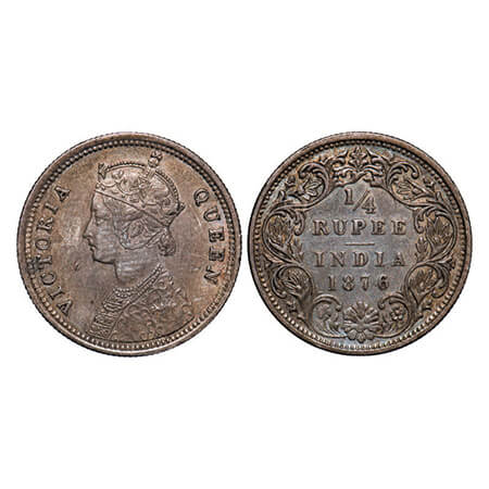 Victoria Queen, Silver, 1/4 Rupee, 1876, Bombay Mint, A/I, No dot, Ghost on Rev. GK 668. V