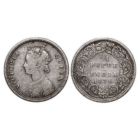 Victoria Queen, Silver, 1/4 Rupee,1876, Bombay Mint, A/I, No dot. GK 668. Fine+. Scarce.