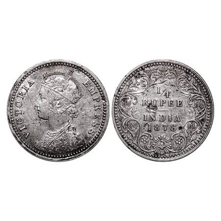 Victoria Empress, Silver, 1/4 Rupee, 1878, Calcutta Mint, C/II, No mint mark, No 'C'. GK 6