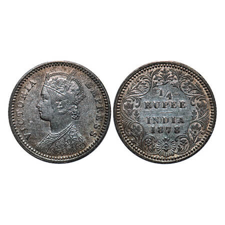 Victoria Empress, Silver, 1/4 Rupee, 1878, Calcutta Mint, C/II, No mint mark, No 'C'. GK 6