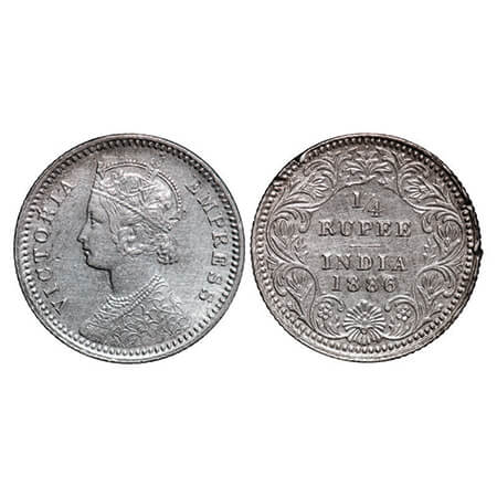 Victoria Empress, Silver, 1/4 Rupee, 1886, Calcutta Mint, C/II, 'C' incused, Edge nicks on