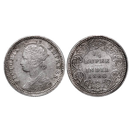 Victoria Empress, Silver, 1/4 Rupee,1888, Calcutta Mint, C/II, No mint mark, No 'C'. GK 71