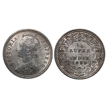 Victoria Empress, Silver, 1/4 Rupee, 1889, Calcutta Mint, C/II, 'C' incused. GK 716. About