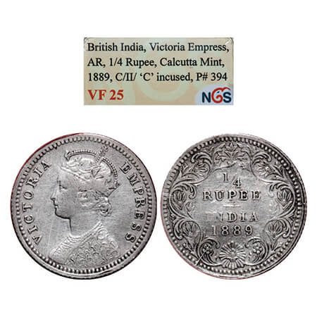Victoria Empress, Silver, 1/4 Rupee, 1889, Calcutta Mint, C/II, 'C' incused. GK 716. NGS S