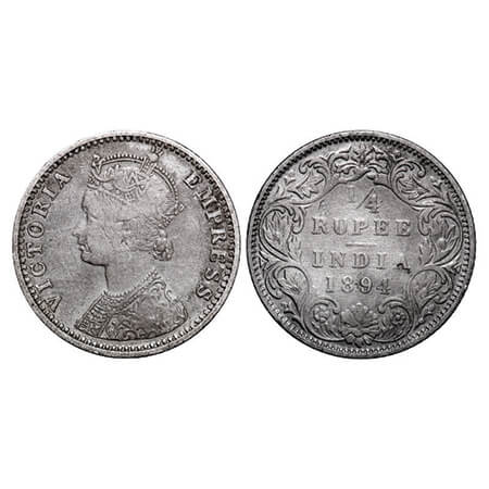 Victoria Empress, Silver, 1/4 Rupee, 1894, Bombay Mint, C(i)/I, 'B' incused. GK 726. Very 
