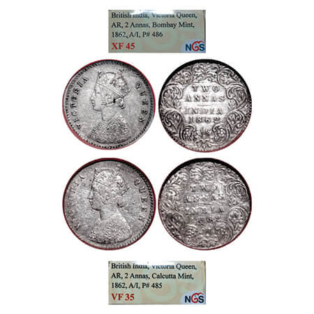 Victoria Queen, Silver, 2 Annas, (2 slabs), 1862, 1) Calcutta Mint, A/I, Bottom flower cen