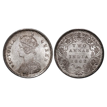 Victoria Queen, Silver, 2 Annas, 1862, Bombay Mint, A/I, Bottom flower top 3 petals same s