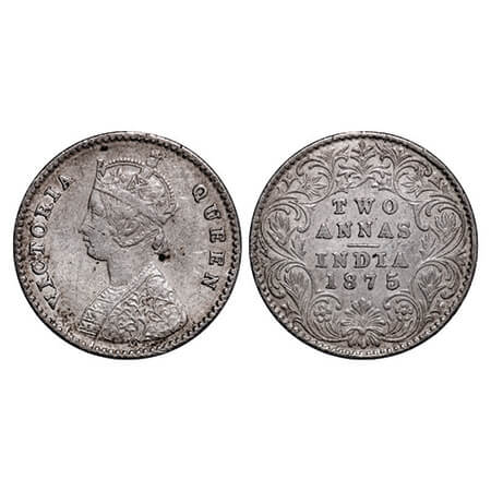Victoria Queen, Silver, 2 Annas, 1875, Calcutta Mint, A/I, No mint mark. GK 742. Very Fine