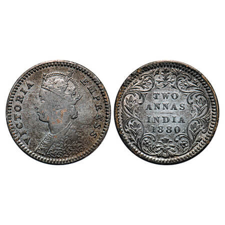 Victoria Empress, Silver, 2 Annas, 1880, Calcutta Mint, B/II, 'C' incused. GK 754. Very Fi