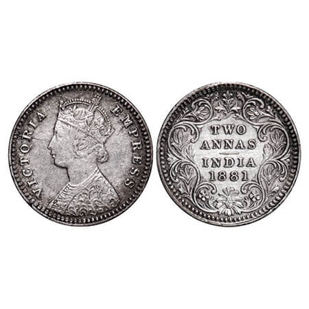 Victoria Empress, Silver, 2 Annas, 1881, Calcutta Mint, B/II, 'C' incused. GK 758. Very Fi
