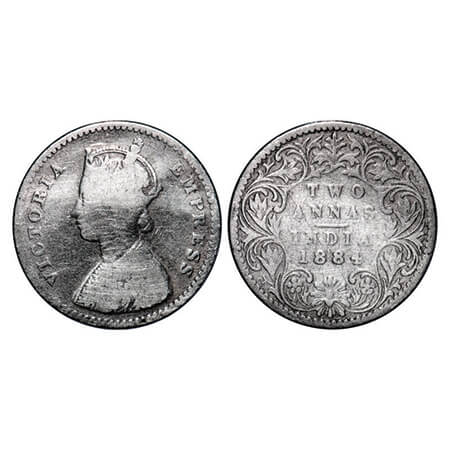 Victoria Empress, Silver, 2 Annas, 1884, Bombay Mint, A/I, No dot. GK 769. Fine, Cleaned. 