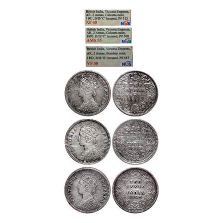 Victoria Empress, Silver, 2 Annas, (3 slabs), 1) 1892, Bombay Mint, B/II,'B' incused, 2) 1