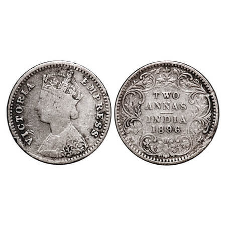 Victoria Empress, Silver, 2 Annas, 1896, Bombay Mint, B/II, 'B' incused. GK 804. Fine+. Sc