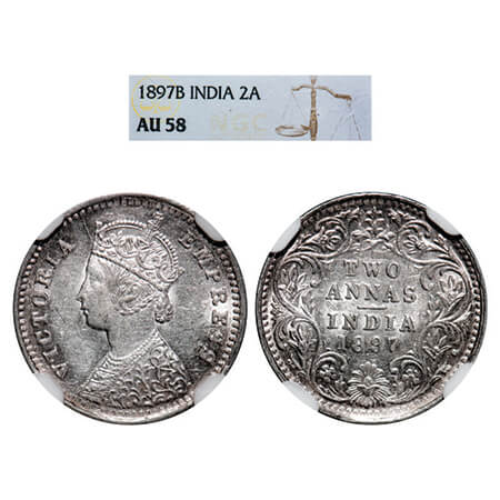 Victoria Empress, Silver, 2 Annas,1897, Bombay Mint,B/II,'B' incused. GK 806. NGC Slabbed 