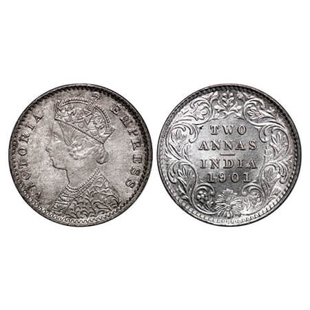 Victoria Empress, Silver, 2 Annas, 1901, Calcutta Mint, B/II, 'C' incused. GK 817. About U