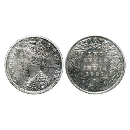 Victoria Empress, Silver, 2 Annas, 1901, Calcutta Mint, B/II, 'C' incused. GK 817. NGS Sla