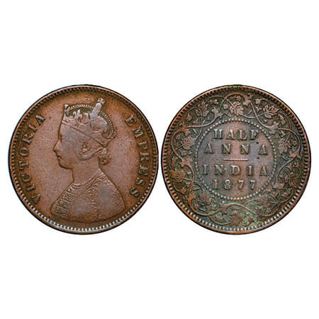 Victoria Empress, Copper, Half Anna,1877, Bombay Mint, B/II. GK 820. Very Fine. Scarce.
