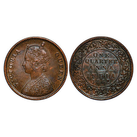 Victoria Queen, Copper, Quarter Anna, 1862, Bombay Mint, A/I, Dot, Tiny 'V' incused at the
