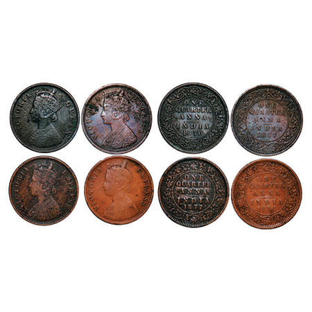 Victoria Queen & Empress, Copper, Quarter Anna, (4 coins), 1) 1876, Calcutta mint, B/II, N
