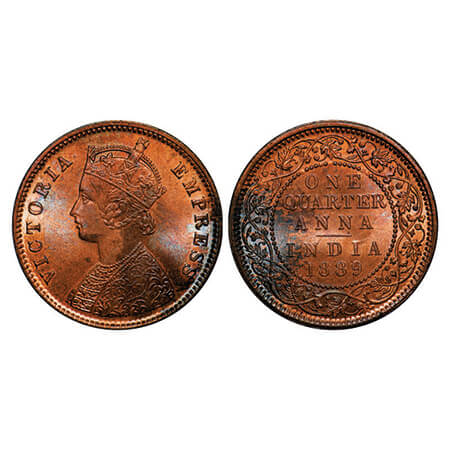 Victoria Empress, Copper, Quarter Anna, 1889, Calcutta Mint, B/II, No mint mark. GK 848. B